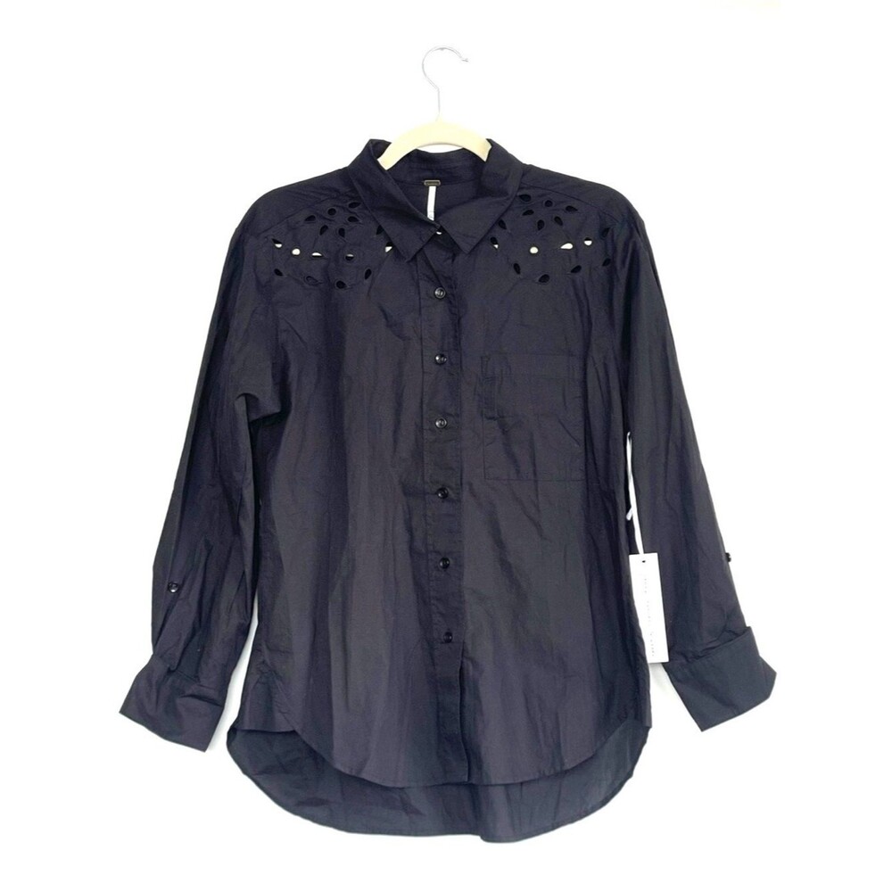 Young Fabulous & Broke Black Button Down Shirt Laser Cut Shoulder Slit XS NWT